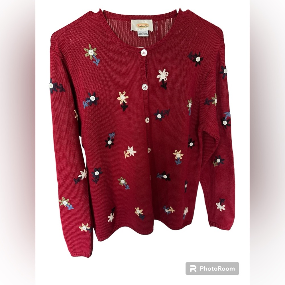 Vintage Talbots red embroidery floral button down short cardigan knit sweater